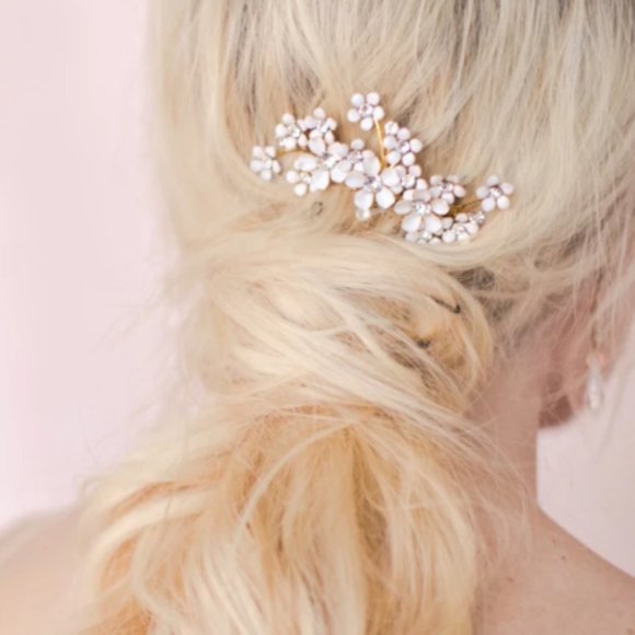 White Enamel & Crystal Hair Comb by Lindsey Maire